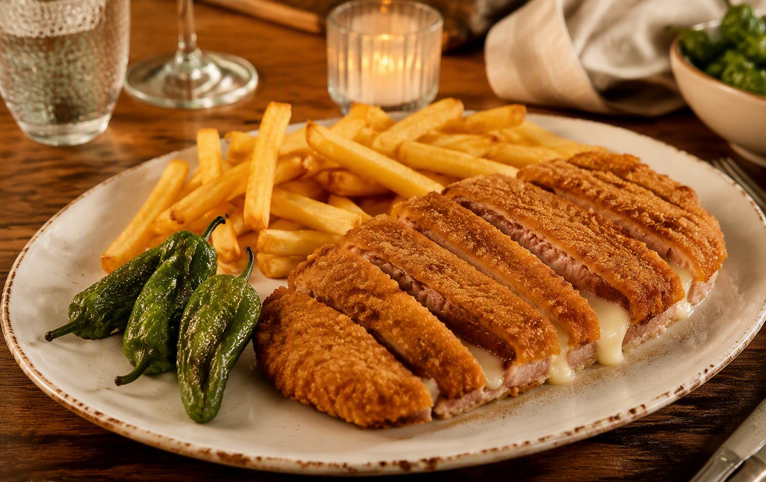 Cachopo crujiente con patatas y pimientos en Restaurante El Yantar, Mezquitilla